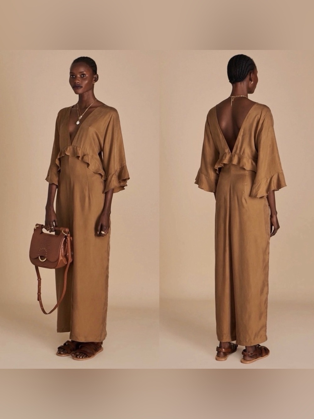 Anthropologie Sancia Wide Leg Flutter Sleeve Cupro Jumpsuit Brown Medium